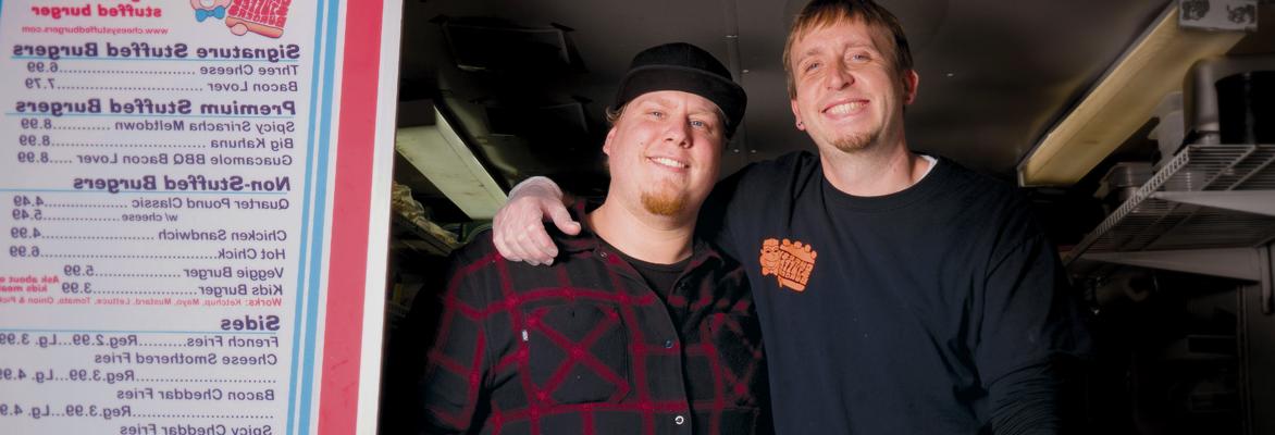 Cheesy Stuffed Burger co-owners Mark Enke, left, and Devan Elkins